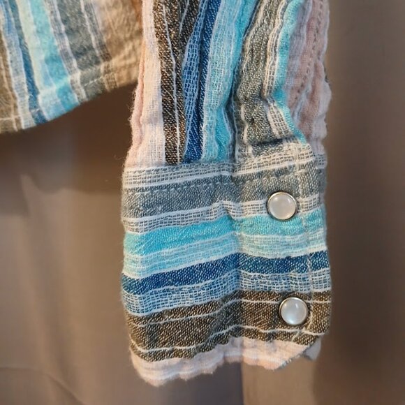 FREE PEOPLE Snap Up Shirt XS Blue Peach Gray Ivory Linen Blend Boho Long sleeve - Picture 6 of 11